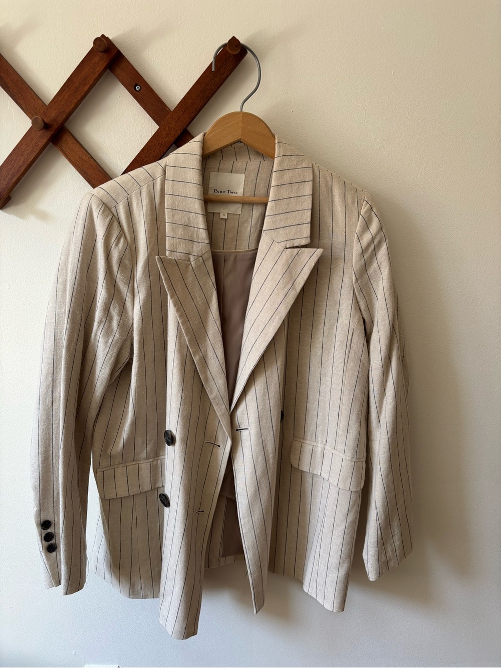 Neutral Pinstripe Double-Breasted Blazer - Beige